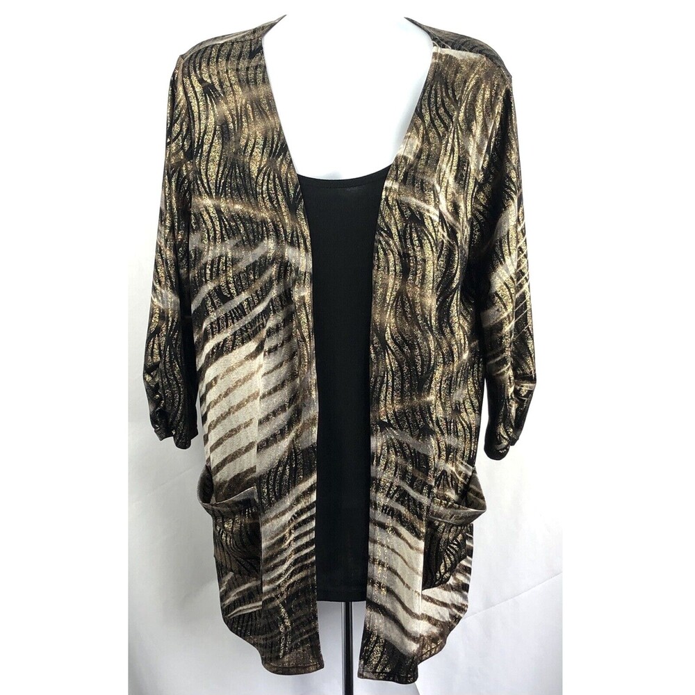 Elementz Combo Cardigan Knit Top L Blk/Gold Geo Shimmer Pockets Open 3/4 Sleeve